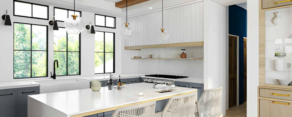 Modern farmhouse kitchen remodel in Houston with wood ceiling beams and a white waterfall island.
